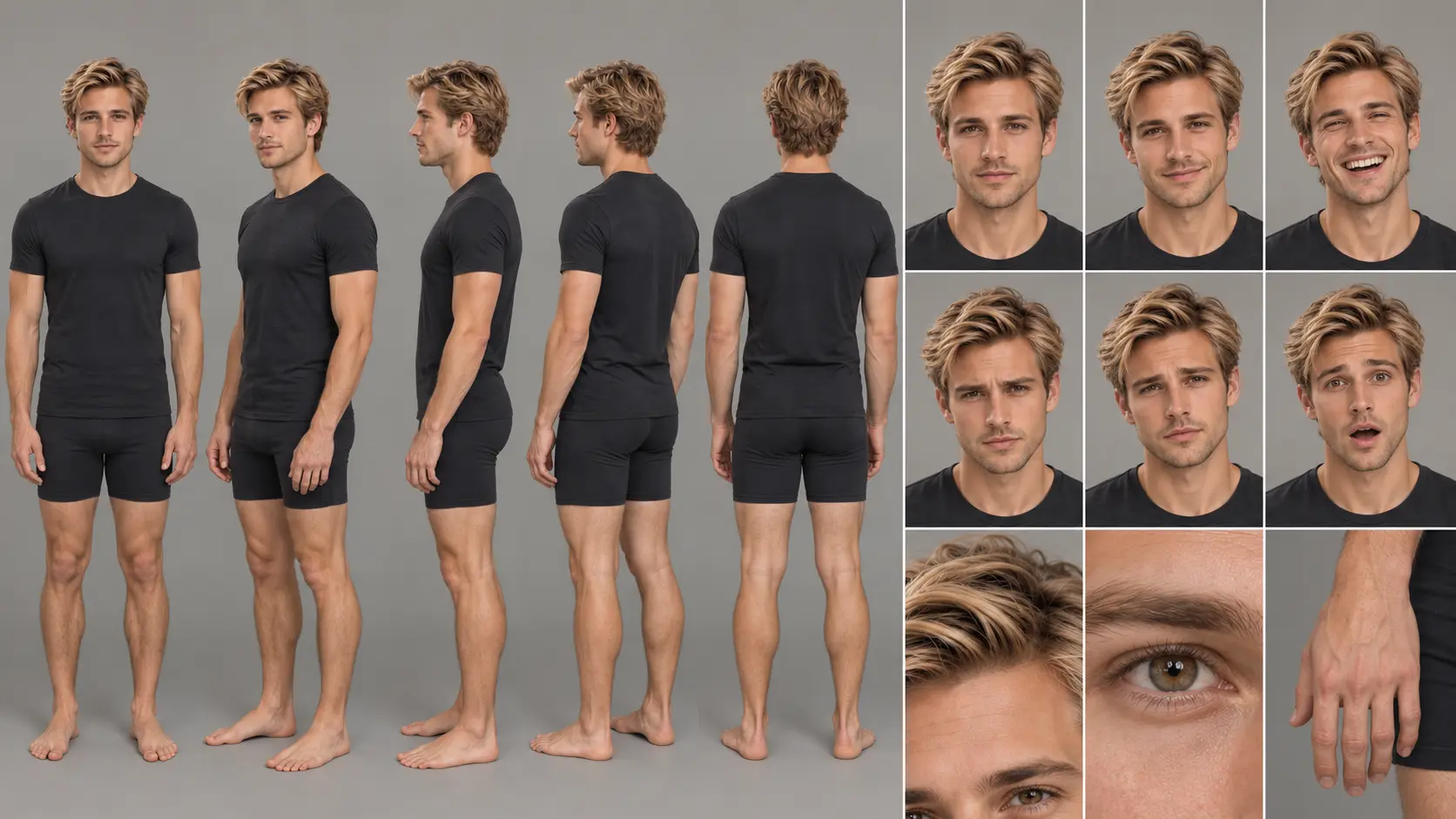 Character sheet of Allo, a blond man: full-body turnaround and expressions
