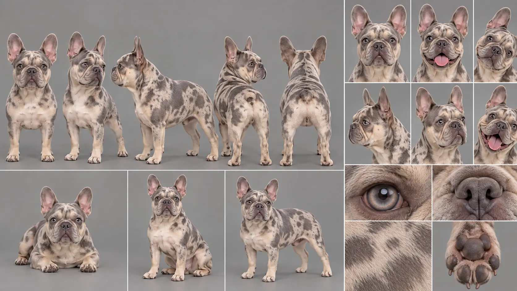 Character sheet of Mola, a merle French bulldog: poses and close-up studies