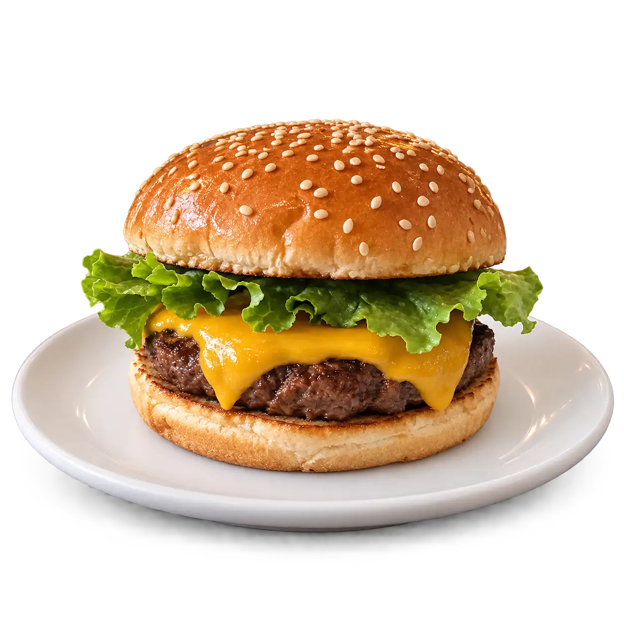 AI-made sample cheeseburger on its plate cut out on a transparent background, the plate's contact shadow kept as soft transparency; generated demonstration, not a real customer dish.