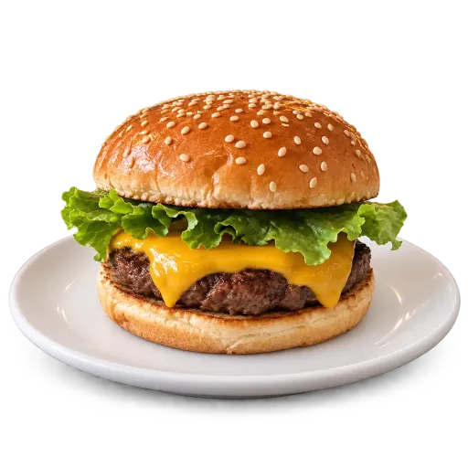 AI-made sample cheeseburger on its plate cut out on a transparent background, the plate's contact shadow kept as soft transparency; generated demonstration, not a real customer dish. Shown on a white surface.
