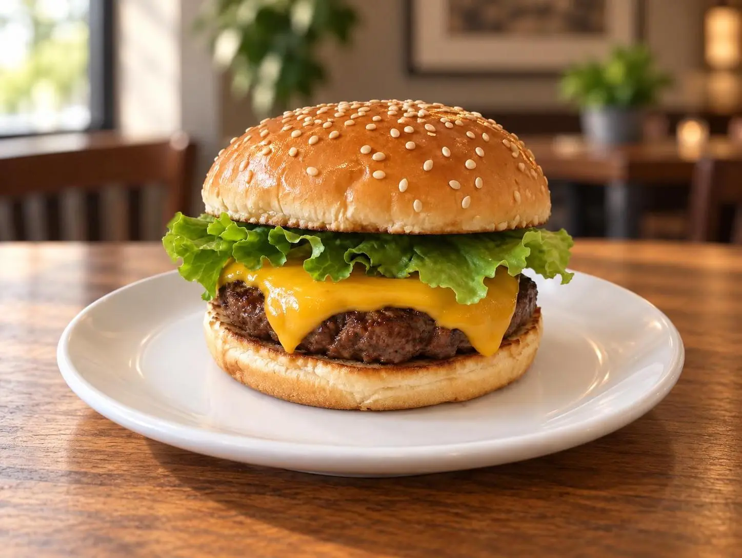 AI-made sample cheeseburger as a lifestyle menu hero in warm window light; generated demonstration, not a real customer dish.