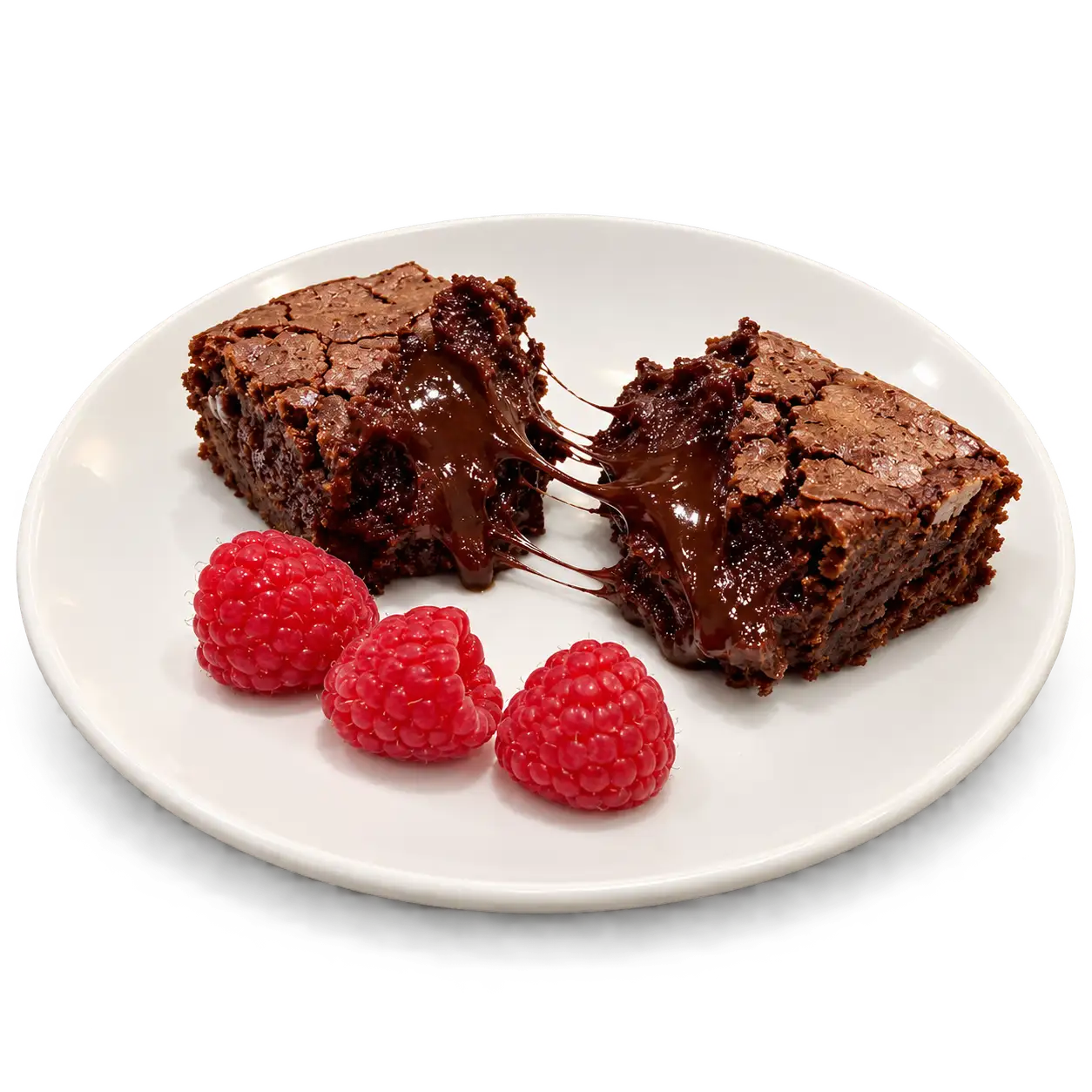 AI-made sample chocolate lava brownie in two halves with a molten pull and three raspberries cut out on a transparent background, the plate's contact shadow kept as soft transparency; generated demonstration, not a real customer dish.