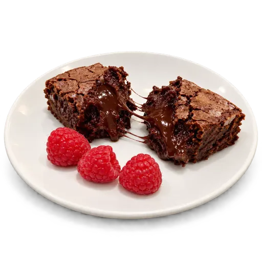 AI-made sample chocolate lava brownie in two halves with a molten pull and three raspberries cut out on a transparent background, the plate's contact shadow kept as soft transparency; generated demonstration, not a real customer dish. Shown on a white surface.