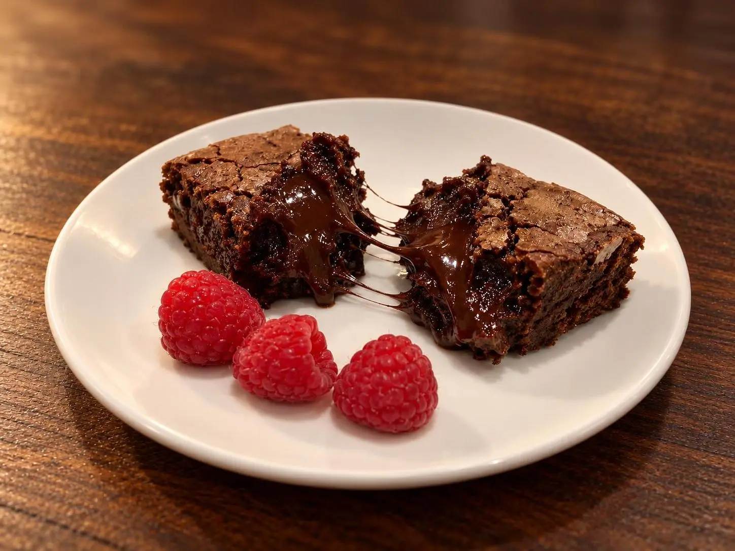 AI-made sample chocolate lava brownie in two halves with a molten pull and three raspberries as a food-pull menu hero; generated demonstration, not a real customer dish.