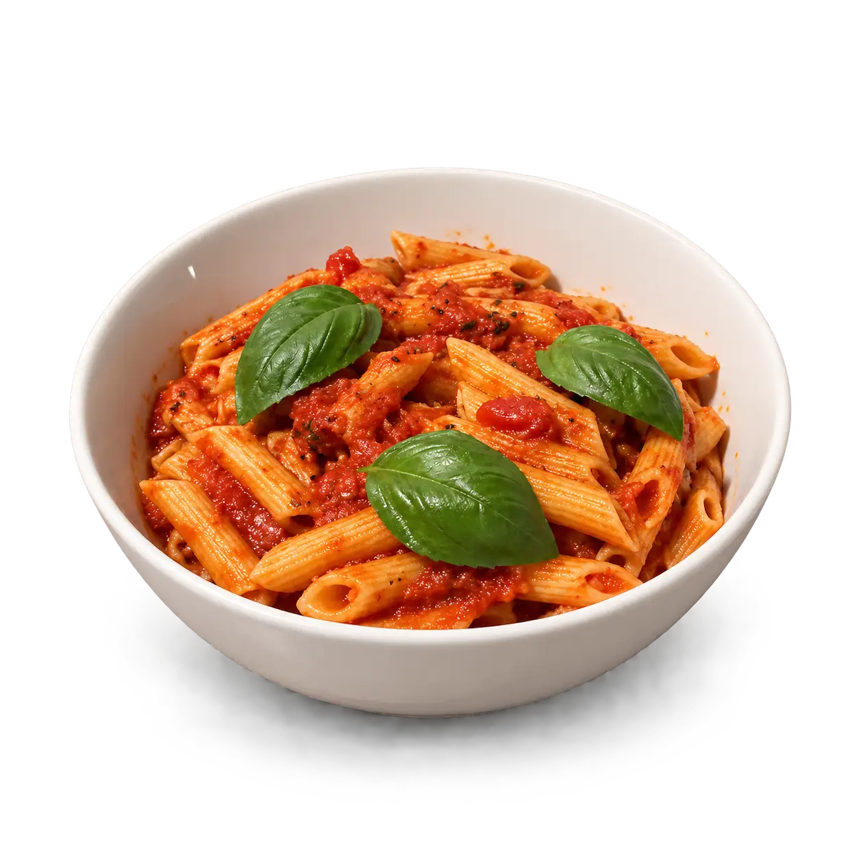 AI-made sample penne with tomato sauce and three basil leaves cut out on a transparent background, its contact shadow kept as soft transparency; generated demonstration, not a real customer dish.