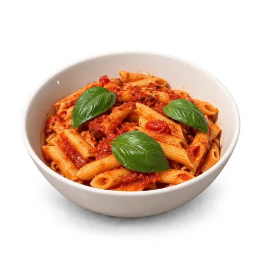 AI-made sample penne with tomato sauce and three basil leaves cut out on a transparent background, its contact shadow kept as soft transparency; generated demonstration, not a real customer dish. Shown on a white surface.