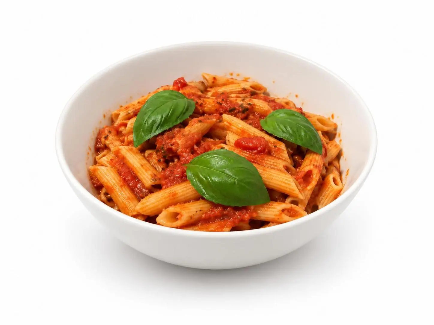 AI-made sample penne with tomato sauce and three basil leaves as a clean packshot menu hero; generated demonstration, not a real customer dish.