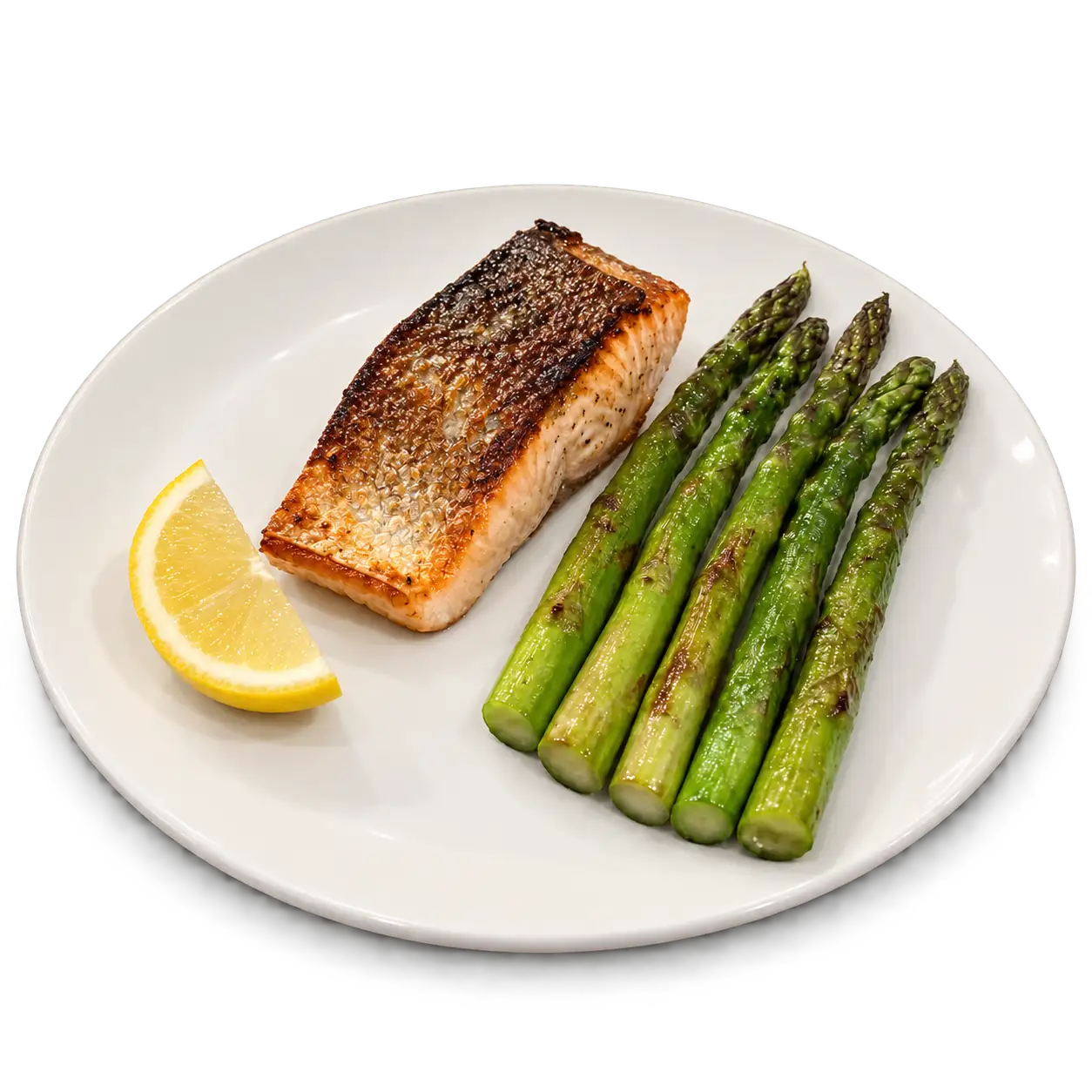 AI-made sample seared salmon fillet with five asparagus spears and a lemon wedge cut out on a transparent background, the plate's contact shadow kept as soft transparency; generated demonstration, not a real customer dish.