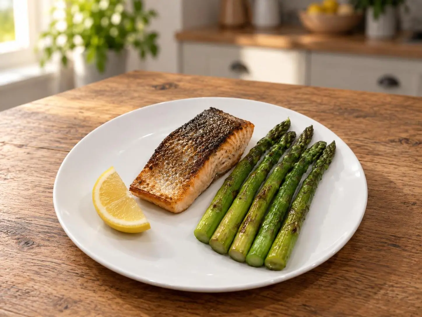 AI-made sample seared salmon fillet with five asparagus spears and a lemon wedge as a lifestyle menu hero; generated demonstration, not a real customer dish.