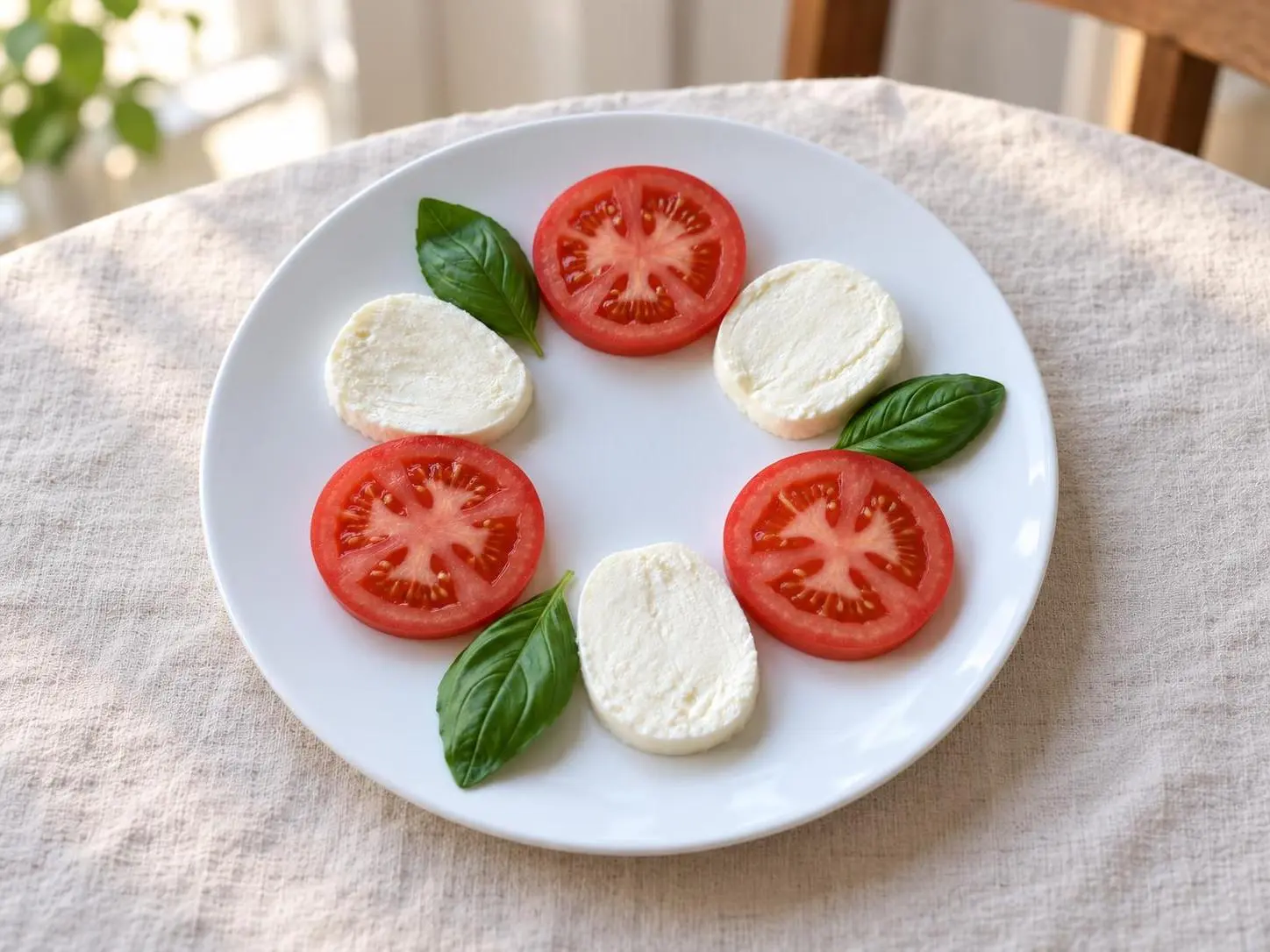 AI-made sample caprese salad with three tomato slices, three mozzarella slices and three basil leaves as a lifestyle menu hero; generated demonstration, not a real customer dish.