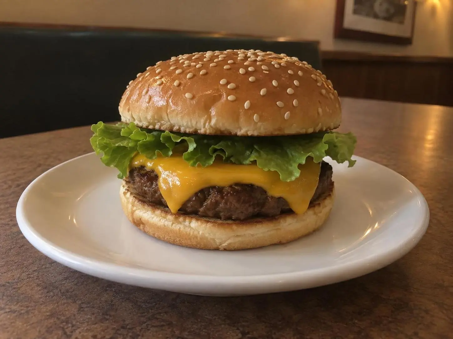AI-made sample phone photo of a cheeseburger on a diner table; generated demonstration, not a real customer dish.