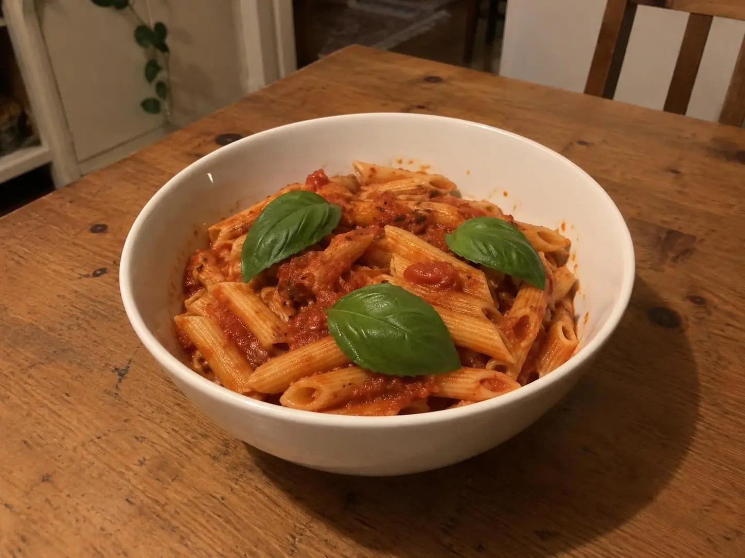 AI-made sample phone photo of penne with tomato sauce and three basil leaves on a kitchen table; generated demonstration, not a real customer dish.