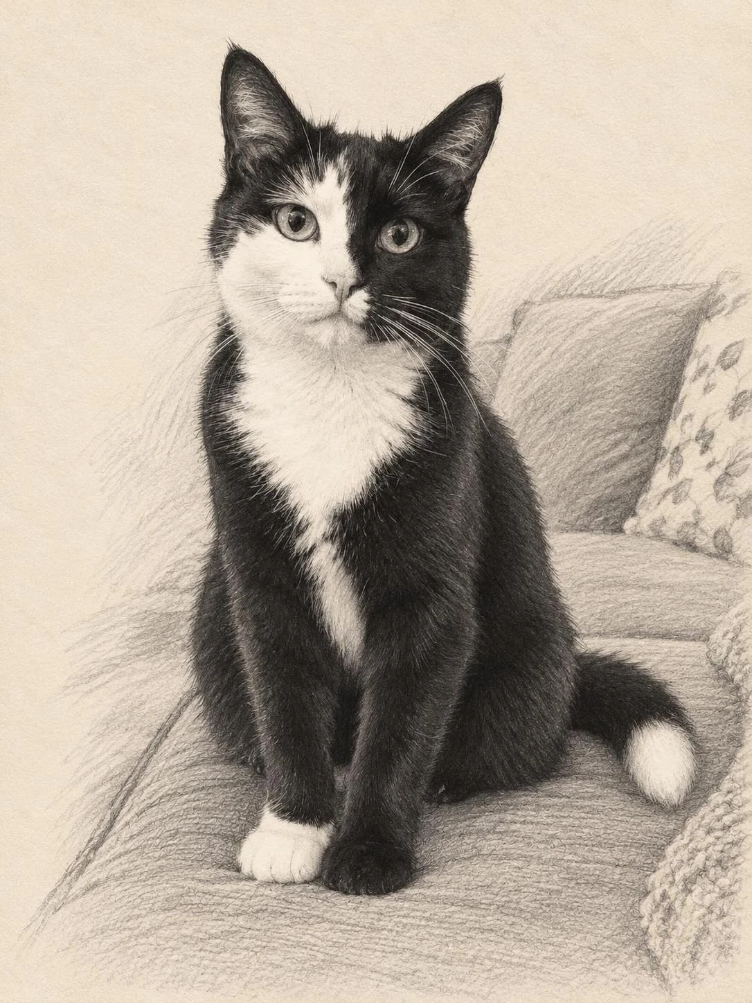 Synthetic tuxedo cat rendered in Academic Graphite Sketch pet portrait; AI-made synthetic demonstration.