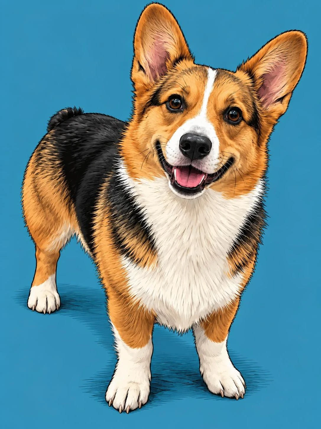 Synthetic tricolor corgi rendered in Vinyl toy streetwear pet portrait; AI-made synthetic demonstration.