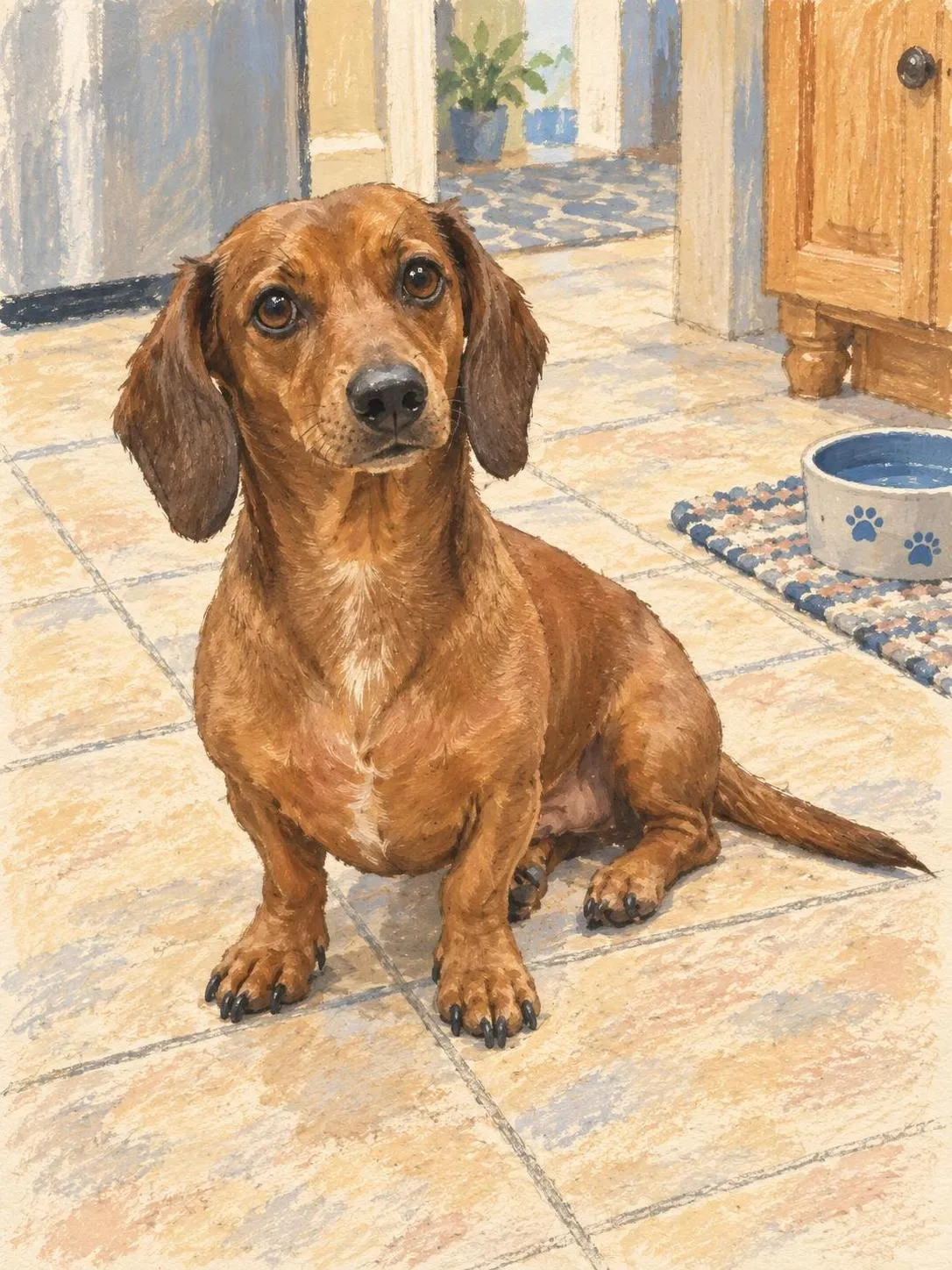 Synthetic brown dachshund rendered in Gouache rooftop storybook pet portrait; AI-made synthetic demonstration.
