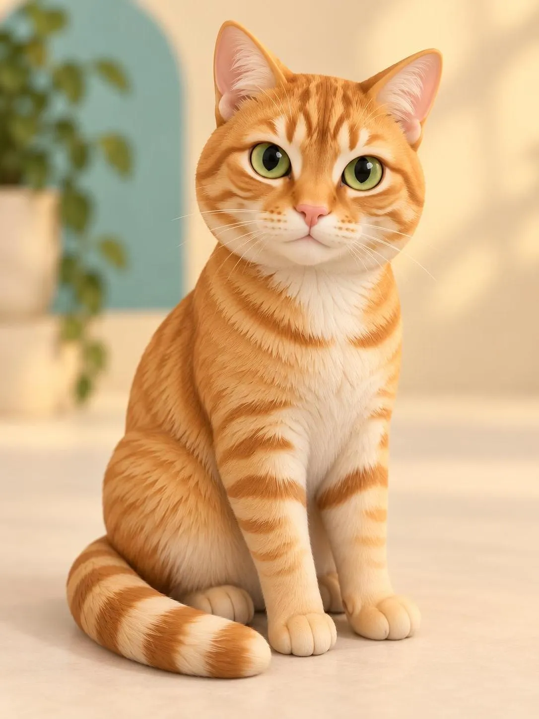 Synthetic ginger tabby rendered in Soft-Sculpted Toy Illustration pet portrait; AI-made synthetic demonstration.