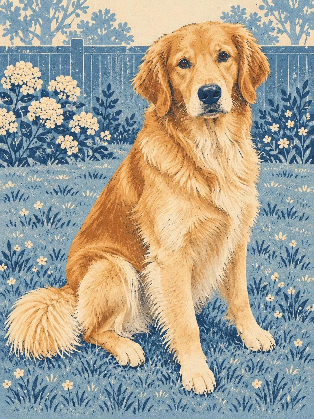 Synthetic golden retriever rendered in Nordic print silhouette pet portrait; AI-made synthetic demonstration.