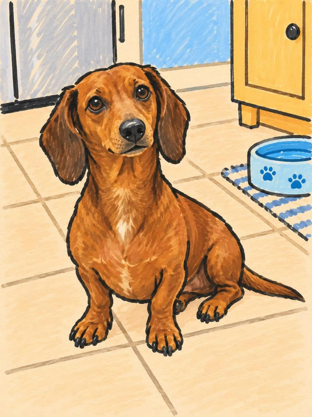 Synthetic brown dachshund rendered in Felt-Tip Doodle Scene pet portrait; AI-made synthetic demonstration.