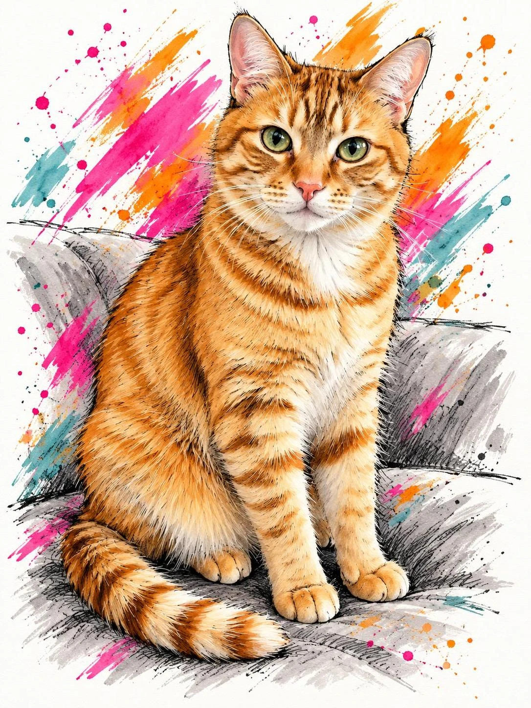 Synthetic ginger tabby rendered in Ink splash sports sketch pet portrait; AI-made synthetic demonstration.