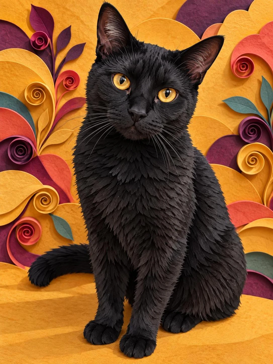 Synthetic black cat rendered in Scandinavian Paper-Cut Collage - variant 2 pet portrait; AI-made synthetic demonstration.