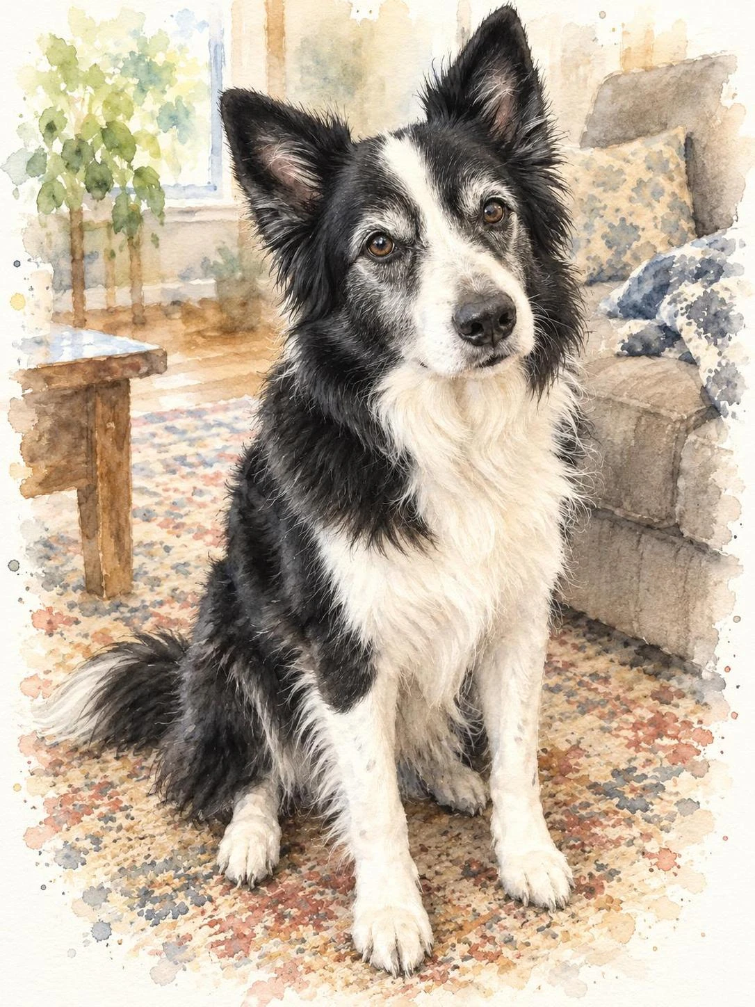 Synthetic senior collie rendered in Watercolor storybook clip art pet portrait; AI-made synthetic demonstration.