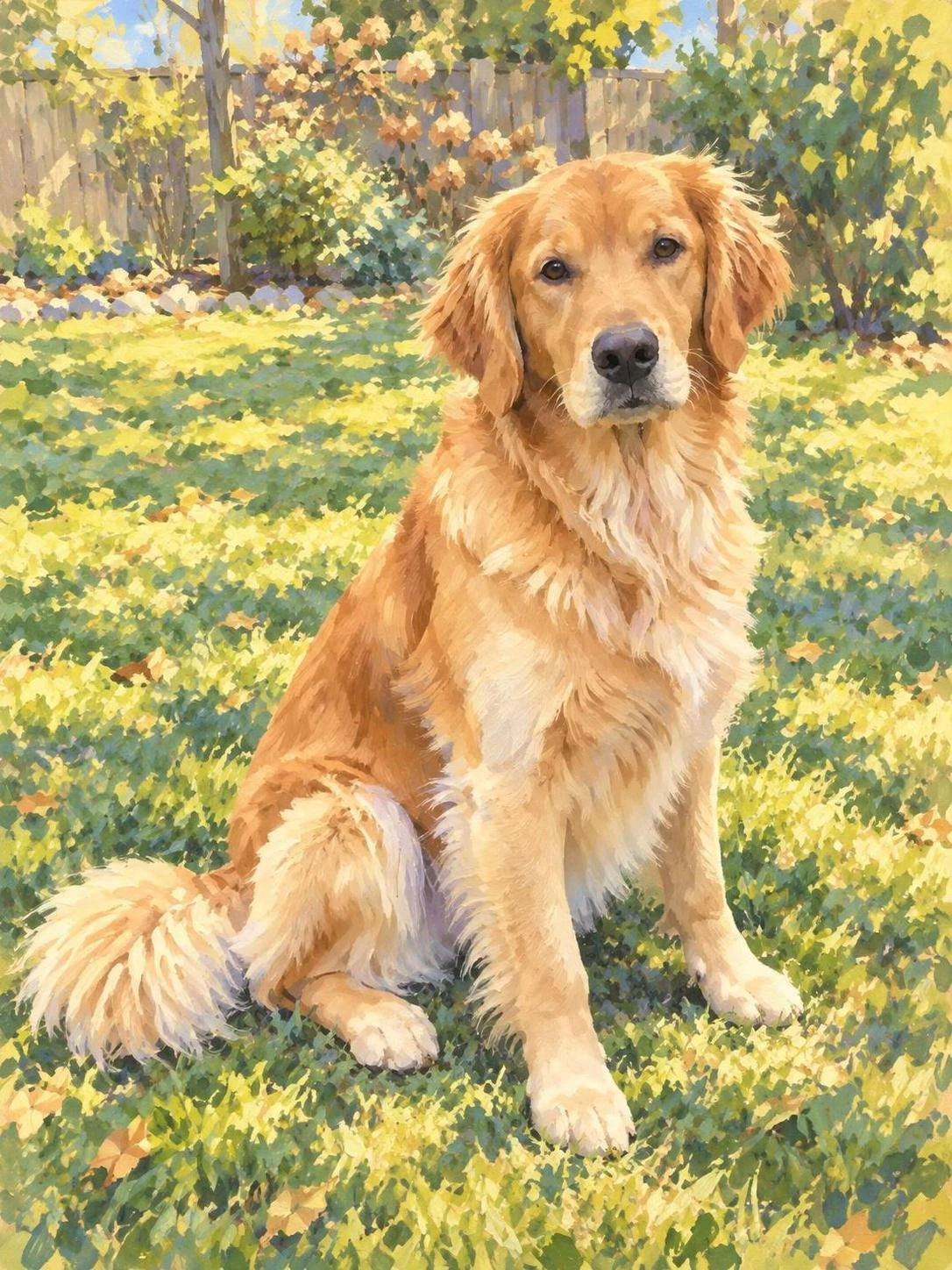 Synthetic golden retriever rendered in Sunny Brushwork Portrait of your pet; AI-made synthetic demonstration.
