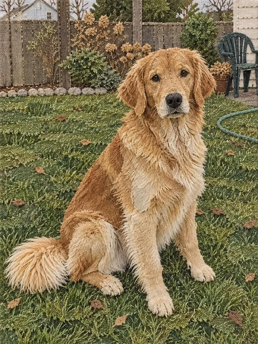 Synthetic golden retriever rendered in Linen embroidery travel collage pet portrait; AI-made synthetic demonstration.